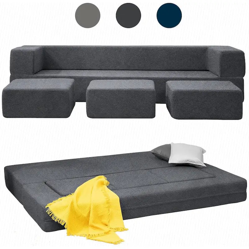Mixoy Queen Divano Letto Futon Convertibile in Velluto con 3 Pouf, Memory Foam, Divano Letto Pieghevole