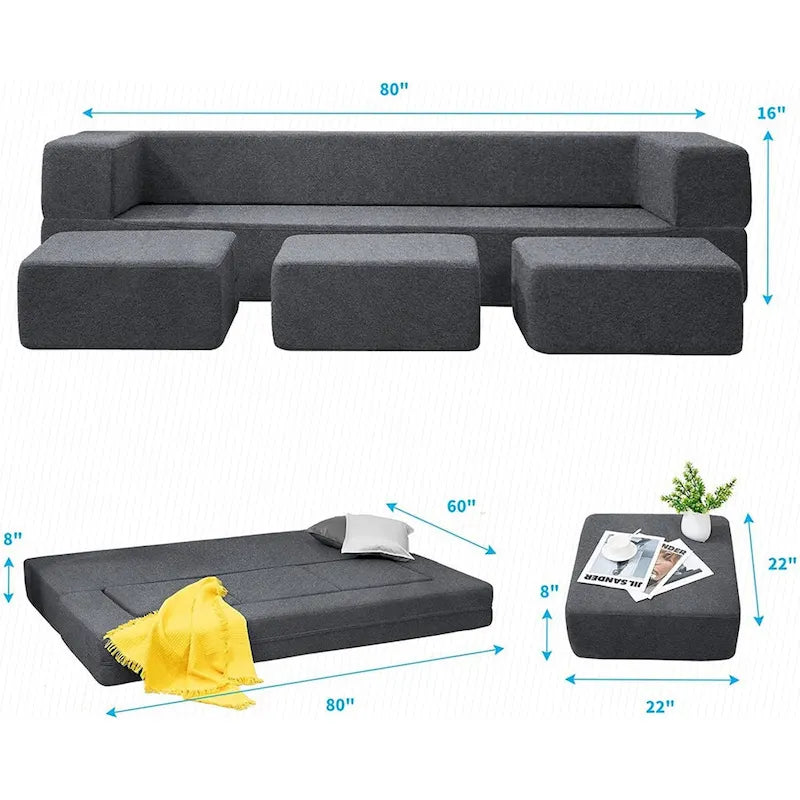 Mixoy Queen Divano Letto Futon Convertibile in Velluto con 3 Pouf, Memory Foam, Divano Letto Pieghevole