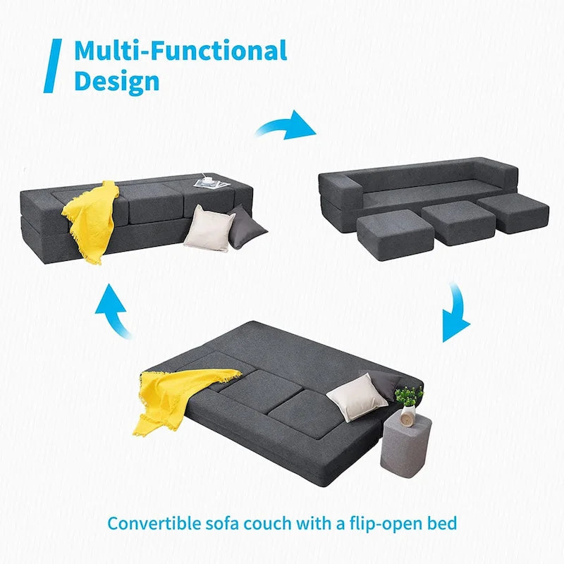 Mixoy Queen Divano Letto Futon Convertibile in Velluto con 3 Pouf, Memory Foam, Divano Letto Pieghevole