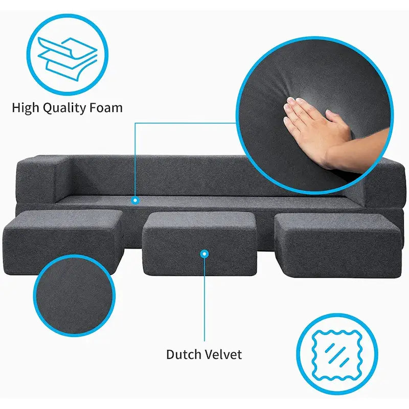 Mixoy Queen Divano Letto Futon Convertibile in Velluto con 3 Pouf, Memory Foam, Divano Letto Pieghevole