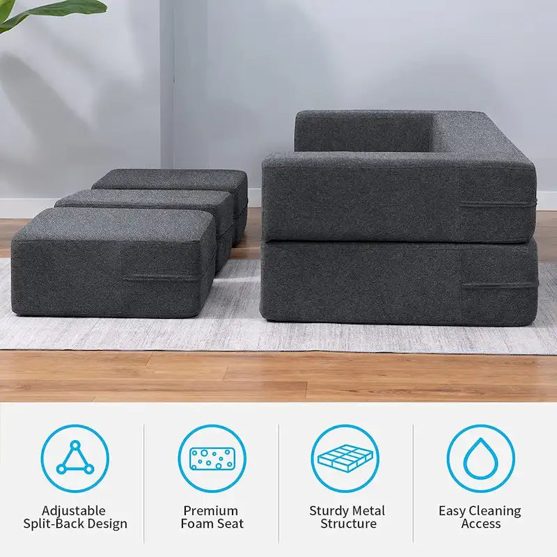 Mixoy Queen Divano Letto Futon Convertibile in Velluto con 3 Pouf, Memory Foam, Divano Letto Pieghevole