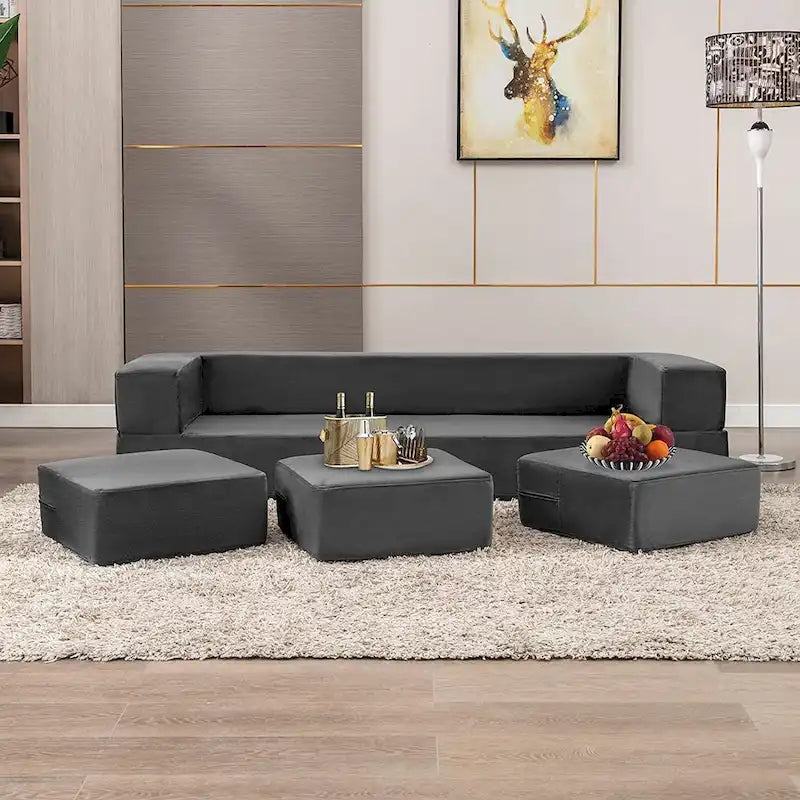 Mixoy Queen Divano Letto Futon Convertibile in Velluto con 3 Pouf, Memory Foam, Divano Letto Pieghevole
