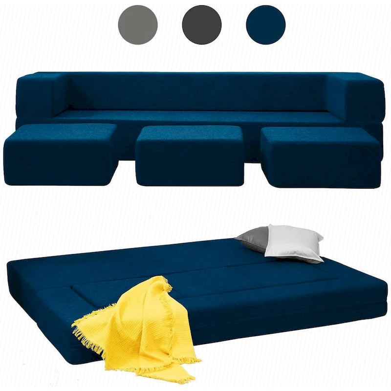 Mixoy Queen Divano Letto Futon Convertibile in Velluto con 3 Pouf, Memory Foam, Divano Letto Pieghevole