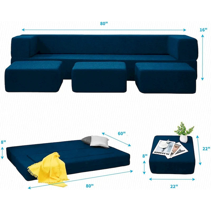 Mixoy Queen Divano Letto Futon Convertibile in Velluto con 3 Pouf, Memory Foam, Divano Letto Pieghevole
