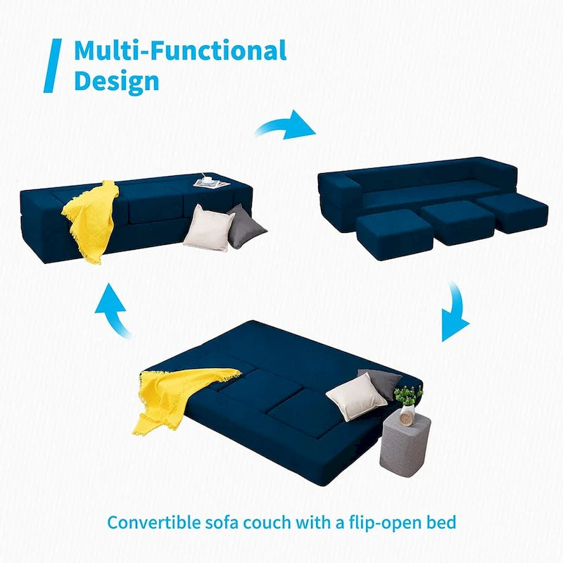 Mixoy Queen Divano Letto Futon Convertibile in Velluto con 3 Pouf, Memory Foam, Divano Letto Pieghevole