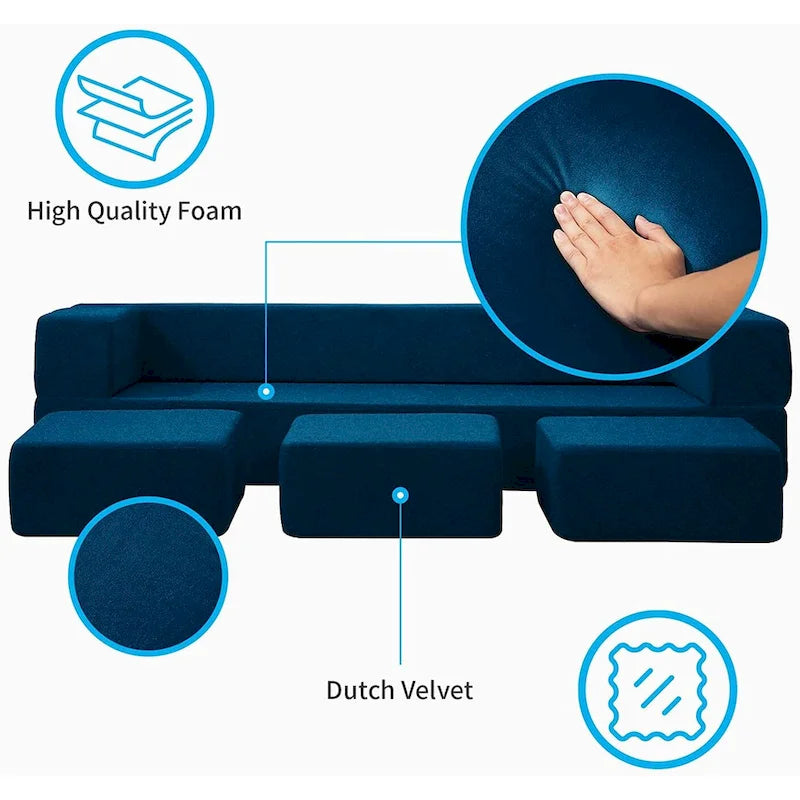 Mixoy Queen Divano Letto Futon Convertibile in Velluto con 3 Pouf, Memory Foam, Divano Letto Pieghevole