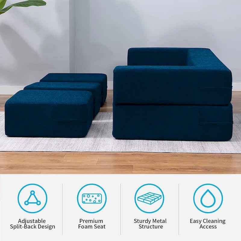 Mixoy Queen Divano Letto Futon Convertibile in Velluto con 3 Pouf, Memory Foam, Divano Letto Pieghevole