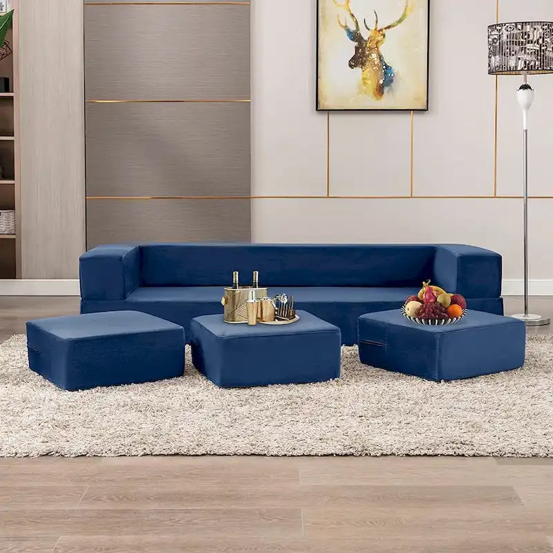 Mixoy Queen Divano Letto Futon Convertibile in Velluto con 3 Pouf, Memory Foam, Divano Letto Pieghevole