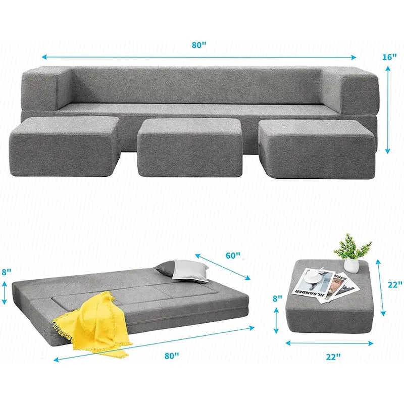 Mixoy Queen Divano Letto Futon Convertibile in Velluto con 3 Pouf, Memory Foam, Divano Letto Pieghevole