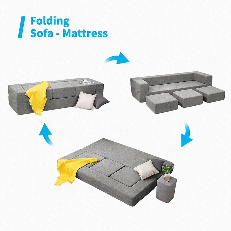 Mixoy Queen Divano Letto Futon Convertibile in Velluto con 3 Pouf, Memory Foam, Divano Letto Pieghevole