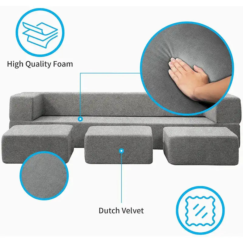 Mixoy Queen Divano Letto Futon Convertibile in Velluto con 3 Pouf, Memory Foam, Divano Letto Pieghevole