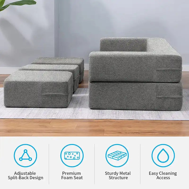 Mixoy Queen Divano Letto Futon Convertibile in Velluto con 3 Pouf, Memory Foam, Divano Letto Pieghevole