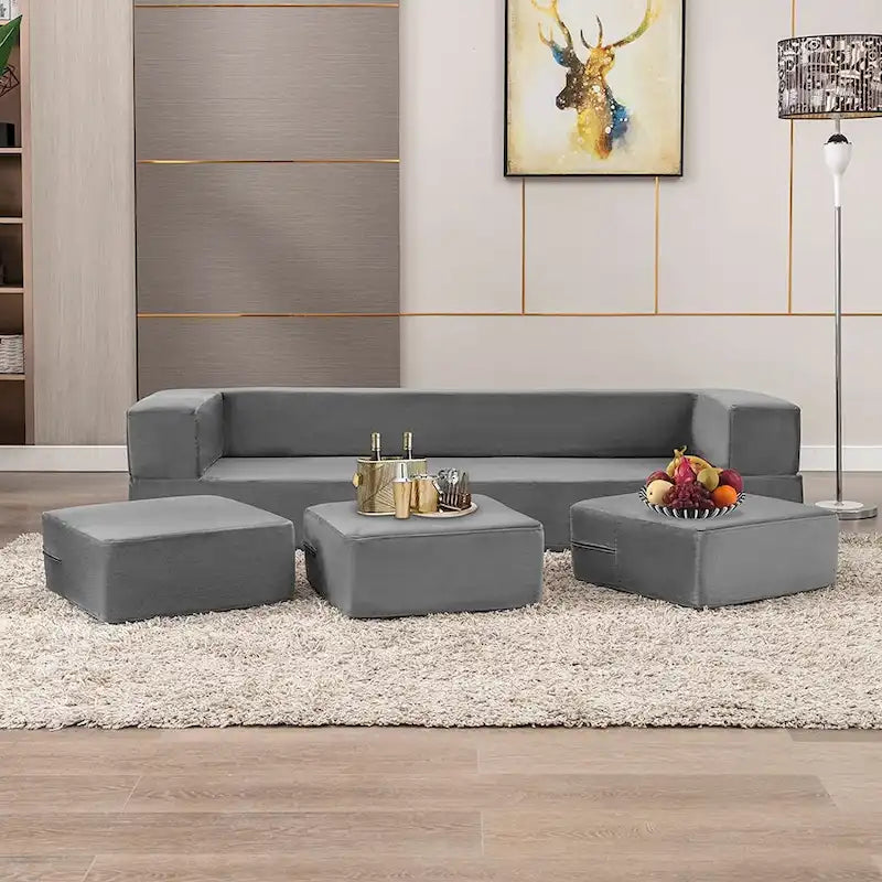 Mixoy Queen Divano Letto Futon Convertibile in Velluto con 3 Pouf, Memory Foam, Divano Letto Pieghevole