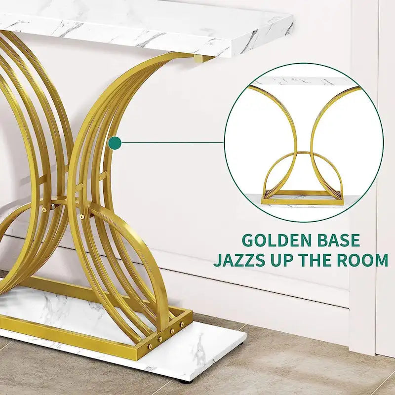 Moasis 39 Faux Marble Console Sofa Table Geometric Gold Base for Entryway
