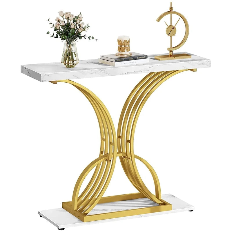 Moasis 39 Faux Marble Console Sofa Table Geometric Gold Base for Entryway