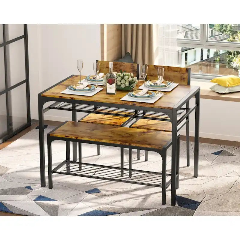 Set da 4 Pezzi Tavolo da Cucina con 2 Sedie e Panca per Piccoli Spazi