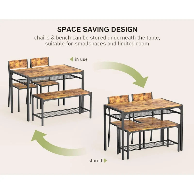 Set da 4 Pezzi Tavolo da Cucina con 2 Sedie e Panca per Piccoli Spazi