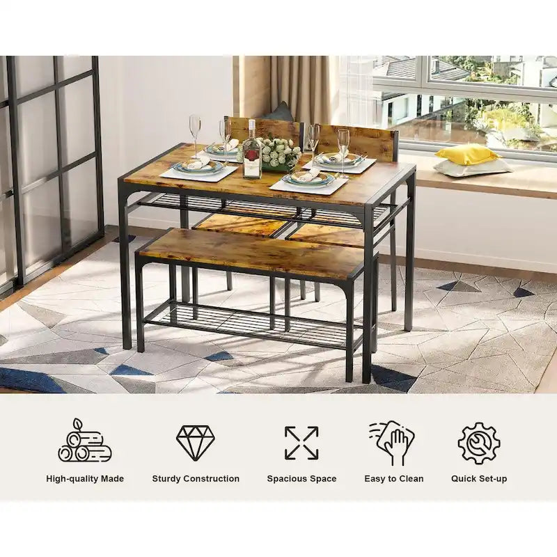 Set da 4 Pezzi Tavolo da Cucina con 2 Sedie e Panca per Piccoli Spazi