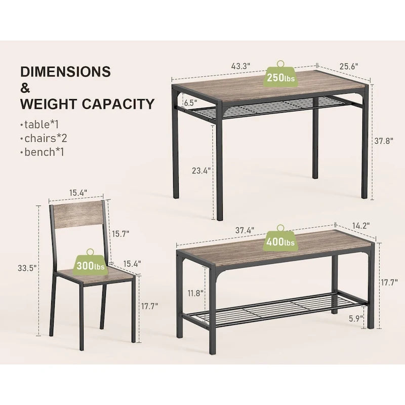 Set da 4 Pezzi Tavolo da Cucina con 2 Sedie e Panca per Piccoli Spazi