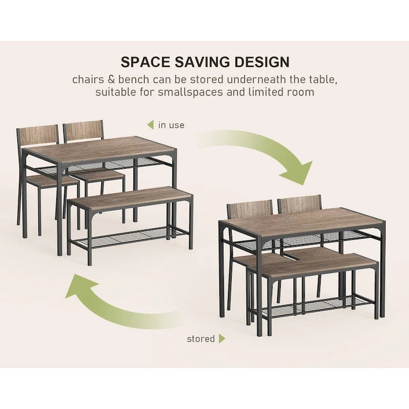 Set da 4 Pezzi Tavolo da Cucina con 2 Sedie e Panca per Piccoli Spazi