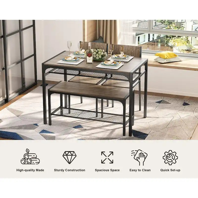 Set da 4 Pezzi Tavolo da Cucina con 2 Sedie e Panca per Piccoli Spazi