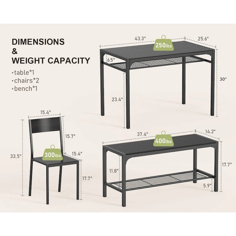 Set da 4 Pezzi Tavolo da Cucina con 2 Sedie e Panca per Piccoli Spazi