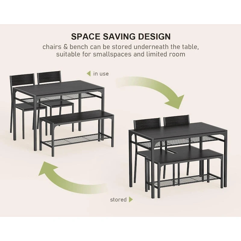 Set da 4 Pezzi Tavolo da Cucina con 2 Sedie e Panca per Piccoli Spazi