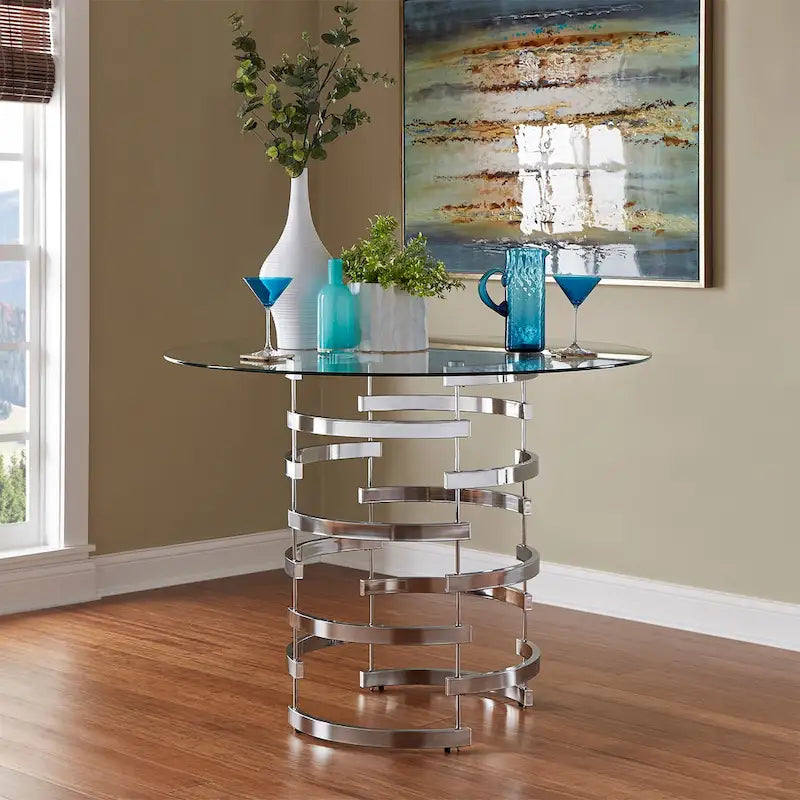 Tavolo da altezza bancone Nova con piano rotondo in vetro e base in ferro Vortex di iNSPIRE Q Bold