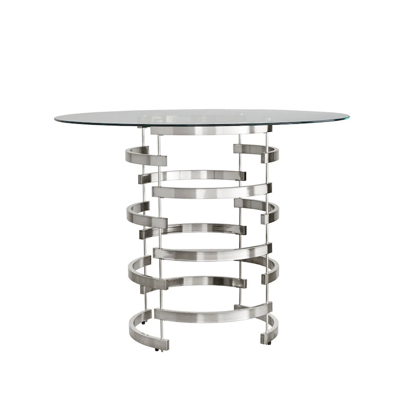 Tavolo da altezza bancone Nova con piano rotondo in vetro e base in ferro Vortex di iNSPIRE Q Bold