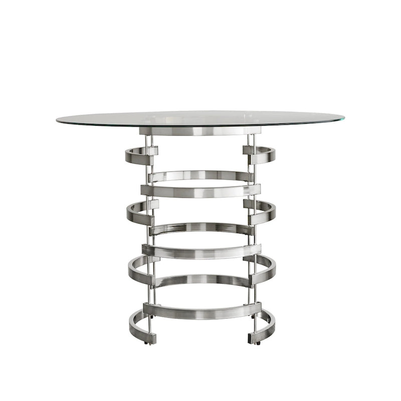 Tavolo da altezza bancone Nova con piano rotondo in vetro e base in ferro Vortex di iNSPIRE Q Bold