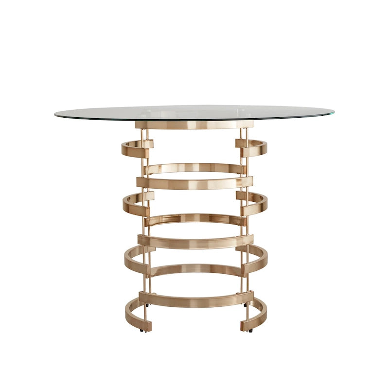 Tavolo da altezza bancone Nova con piano rotondo in vetro e base in ferro Vortex di iNSPIRE Q Bold