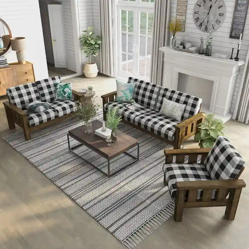 Jimo Rustic Oak and Linen Fabric 3-Piece Sofa Set by Furniture of America