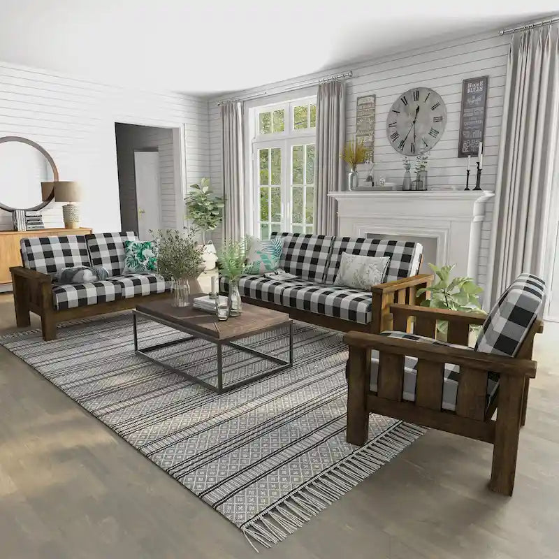 Jimo Rustic Oak and Linen Fabric 3-Piece Sofa Set by Furniture of America