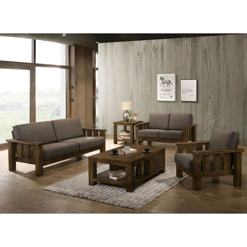 Jimo Rustic Oak and Linen Fabric 3-Piece Sofa Set by Furniture of America