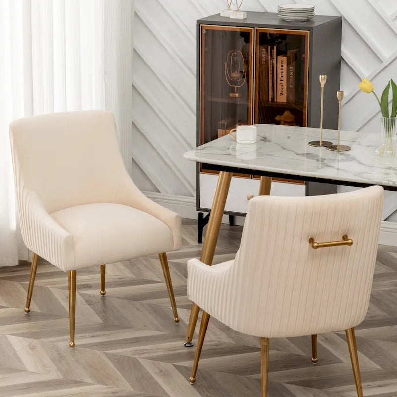 SEYNAR Modern Glam Boucle Pleated Velvet Dining Chair or Vanity Chair Set of 2 with Rear Handle