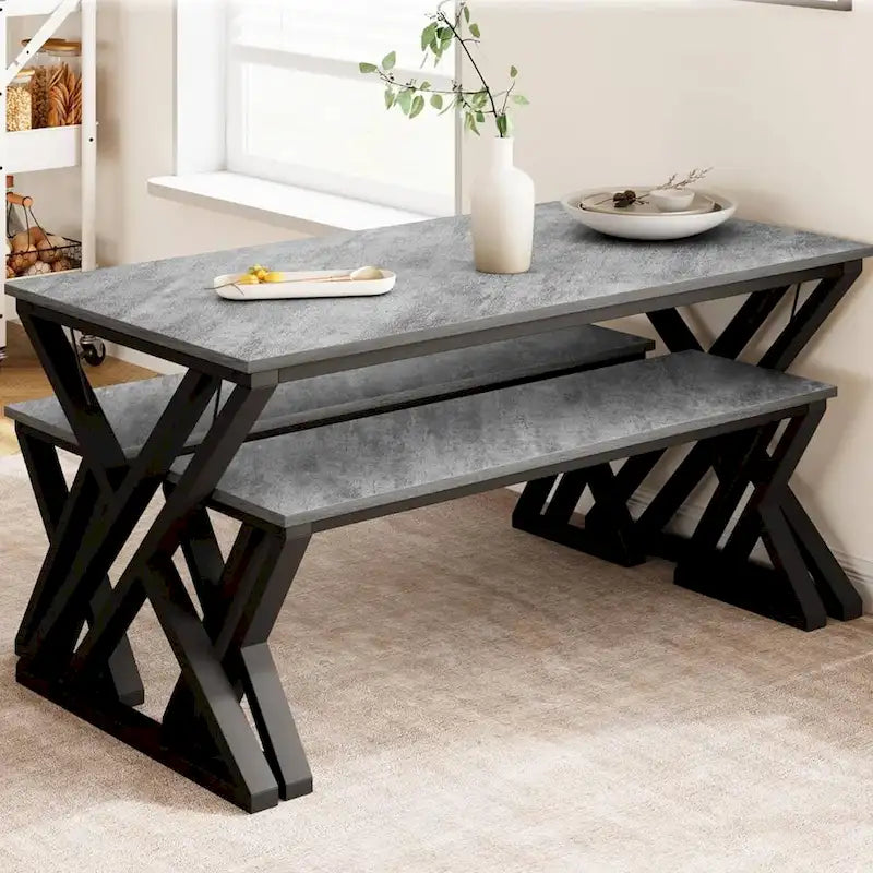 Modern Kitchen Dining Table Set with 2 Benches - N/A