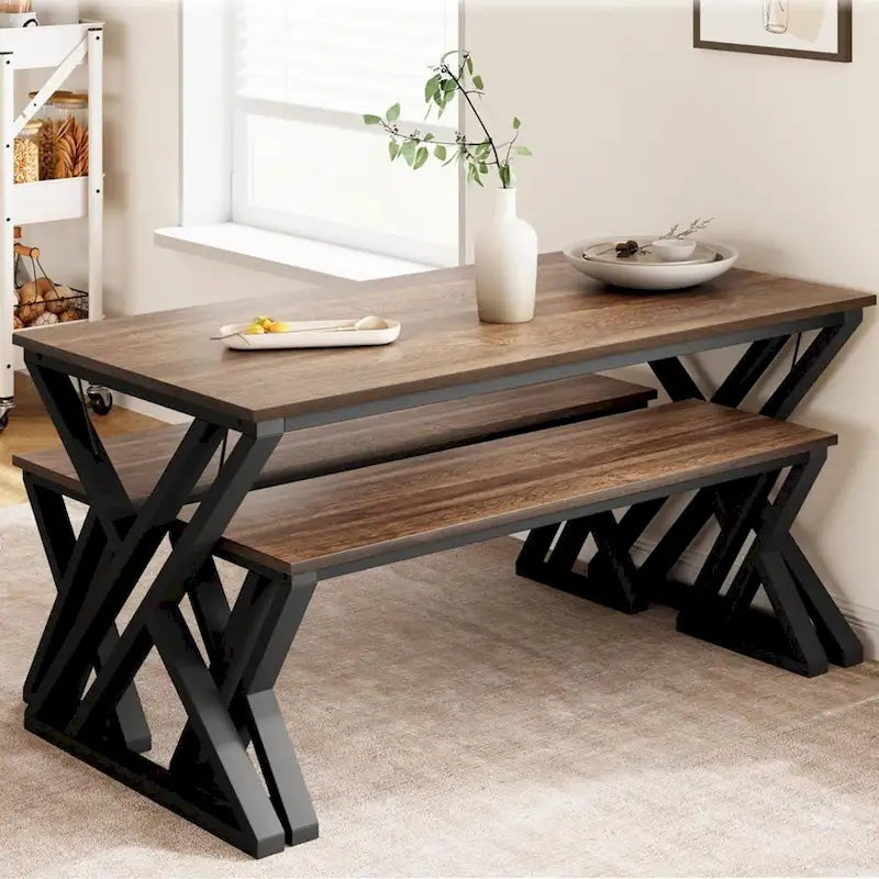 Modern Kitchen Dining Table Set with 2 Benches - N/A