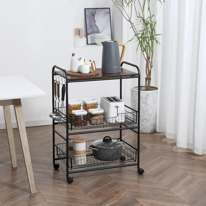HOMCOM 24 3-Tier Rolling Kitchen Cart, Utility Storage Trolley with 2 Basket Drawers, Side Hooks for Dining Room