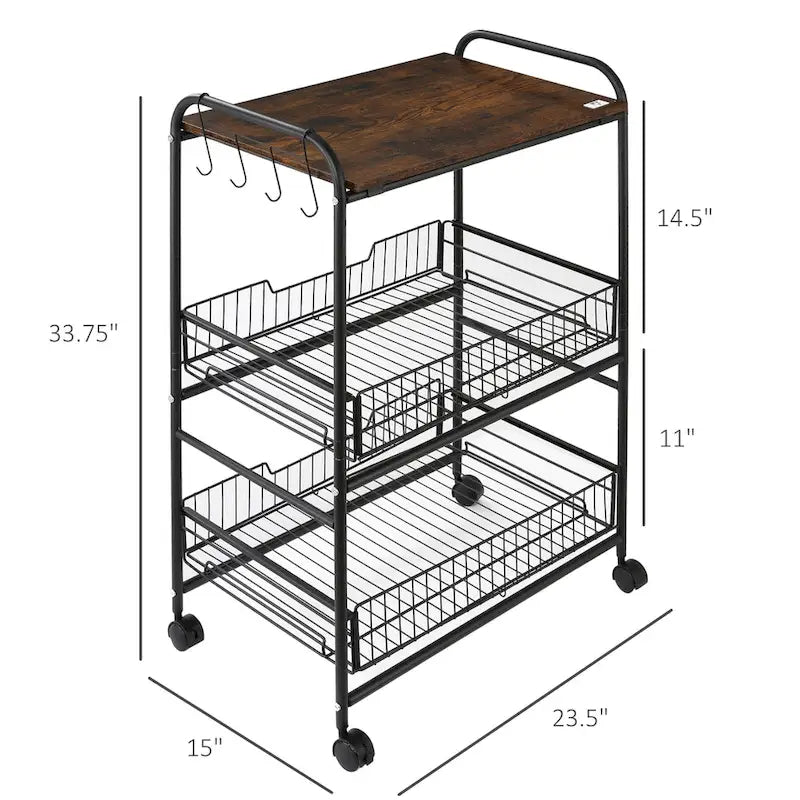 HOMCOM 24 3-Tier Rolling Kitchen Cart, Utility Storage Trolley with 2 Basket Drawers, Side Hooks for Dining Room