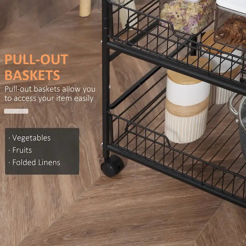 HOMCOM 24 3-Tier Rolling Kitchen Cart, Utility Storage Trolley with 2 Basket Drawers, Side Hooks for Dining Room