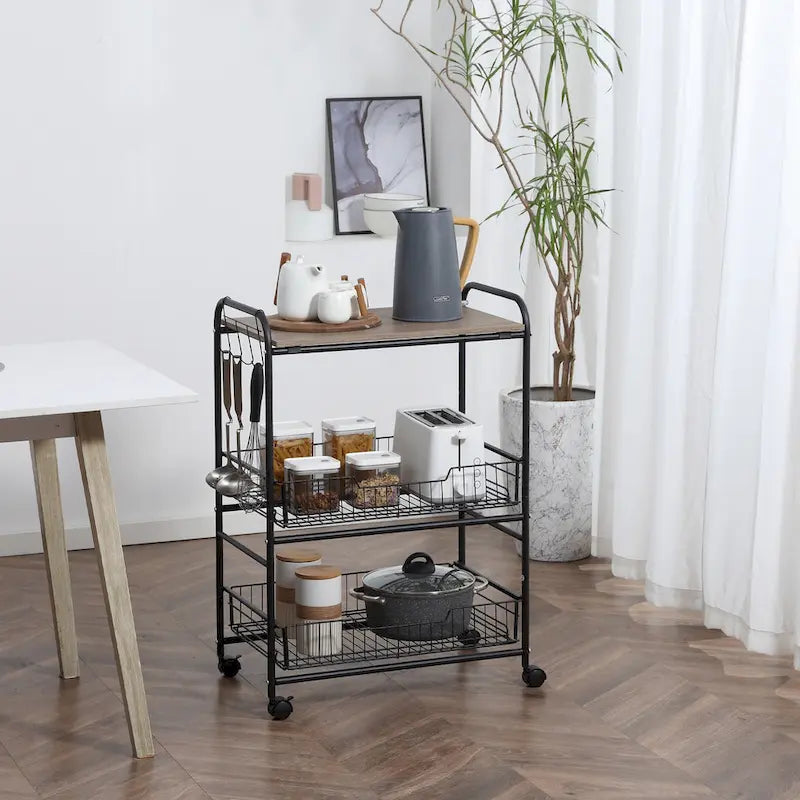 HOMCOM 24 3-Tier Rolling Kitchen Cart, Utility Storage Trolley with 2 Basket Drawers, Side Hooks for Dining Room