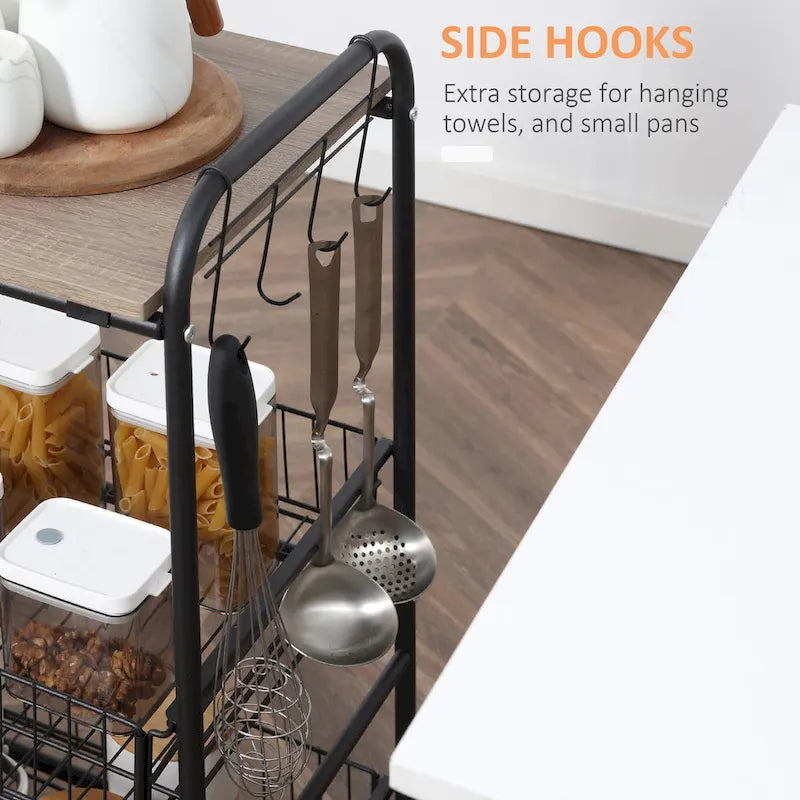 HOMCOM 24 3-Tier Rolling Kitchen Cart, Utility Storage Trolley with 2 Basket Drawers, Side Hooks for Dining Room