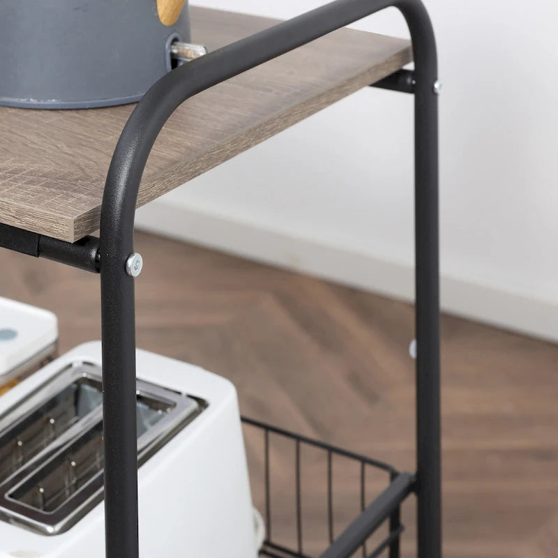HOMCOM 24 3-Tier Rolling Kitchen Cart, Utility Storage Trolley with 2 Basket Drawers, Side Hooks for Dining Room