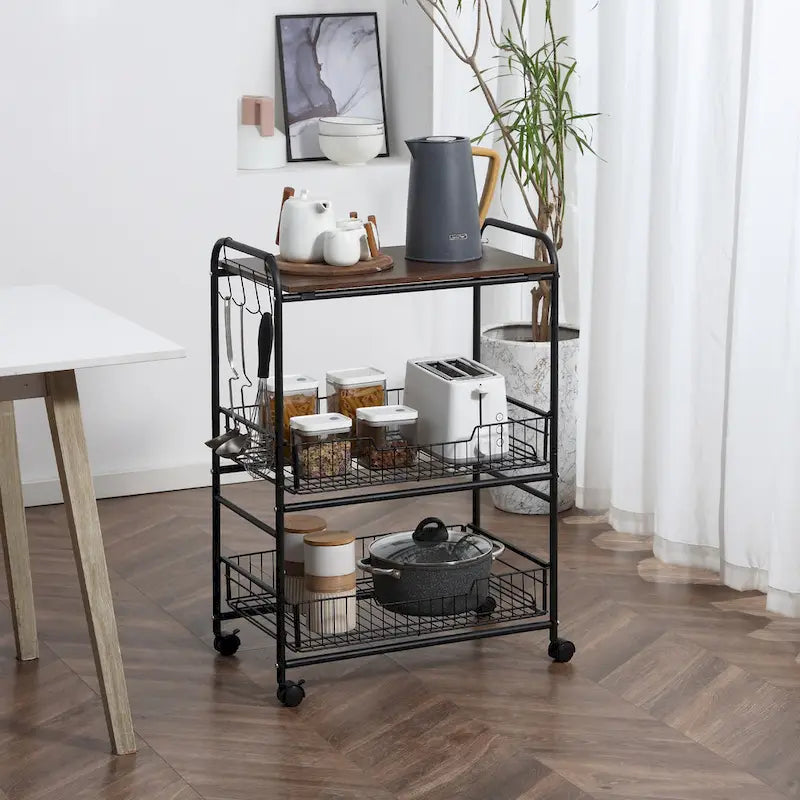 HOMCOM 24 3-Tier Rolling Kitchen Cart, Utility Storage Trolley with 2 Basket Drawers, Side Hooks for Dining Room