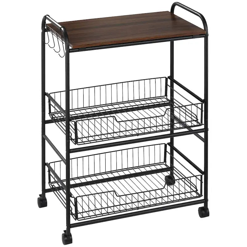 HOMCOM 24 3-Tier Rolling Kitchen Cart, Utility Storage Trolley with 2 Basket Drawers, Side Hooks for Dining Room