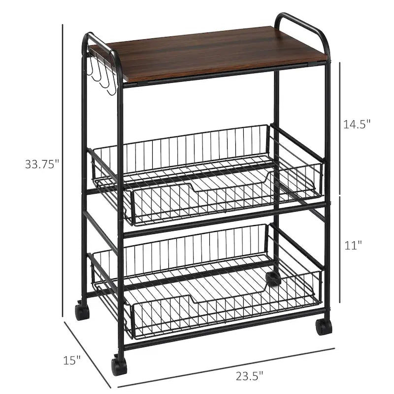 HOMCOM 24 3-Tier Rolling Kitchen Cart, Utility Storage Trolley with 2 Basket Drawers, Side Hooks for Dining Room