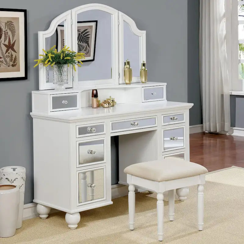 Furniture of America Nena Glam Wood 3-Piece Makeup Vanity Set with Tri-fold Mirror