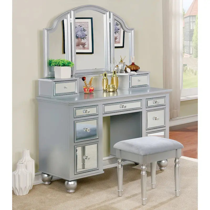 Furniture of America Nena Glam Wood 3-Piece Makeup Vanity Set with Tri-fold Mirror