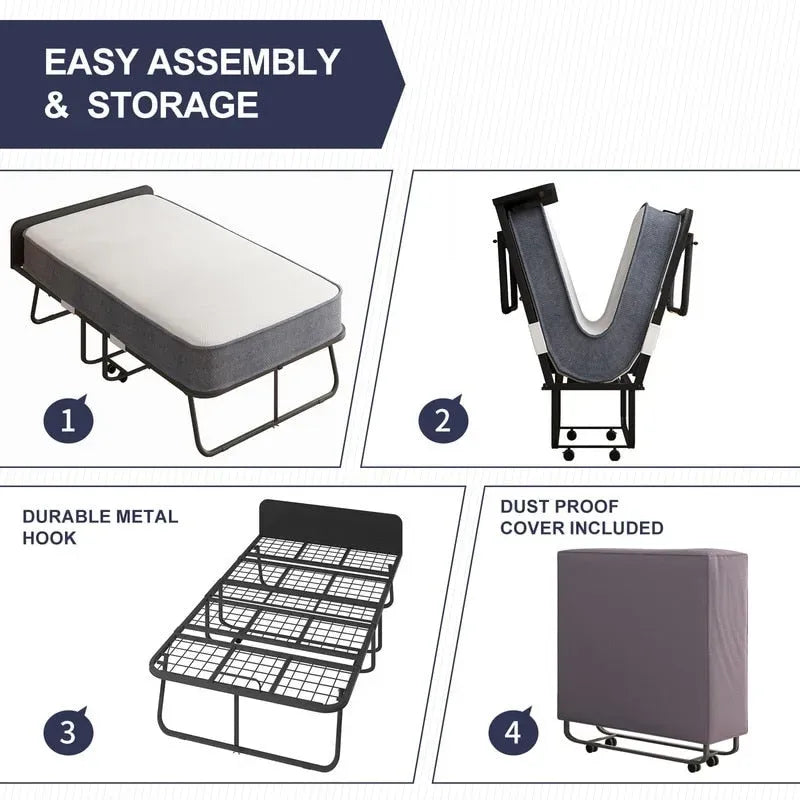 Mixoy Space Saving Fold up Bed with Mattress & Wheels