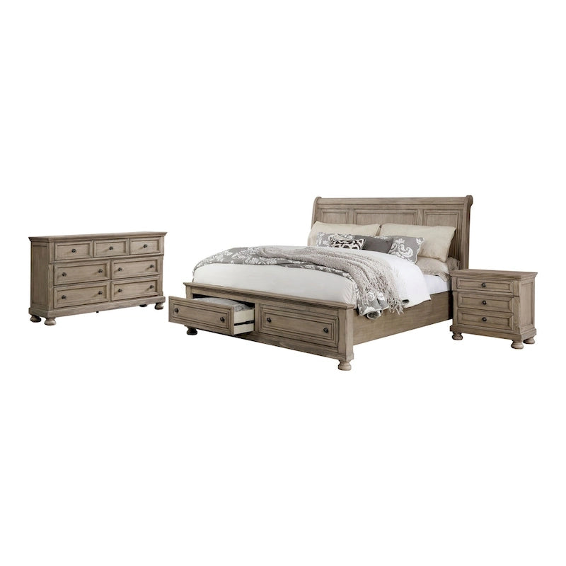 Nahkohe Transitional Grey Wood 3-Piece Storage Sleigh Bed, Nightstand and Dresser Set with USB by Carbon Loft